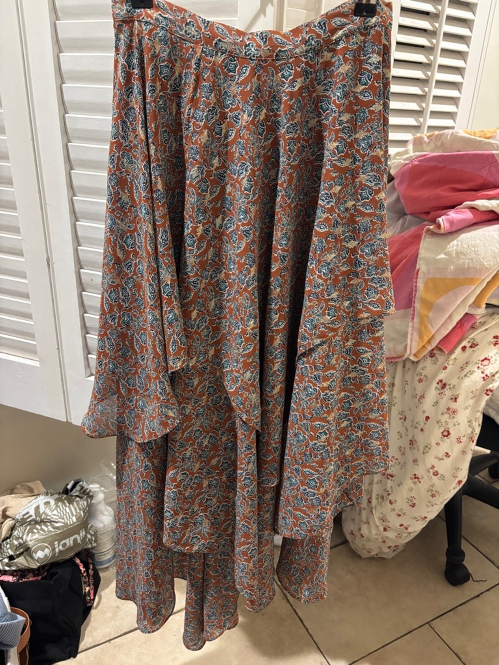 Floral Tiered Maxi Skirt in Rust and Blue